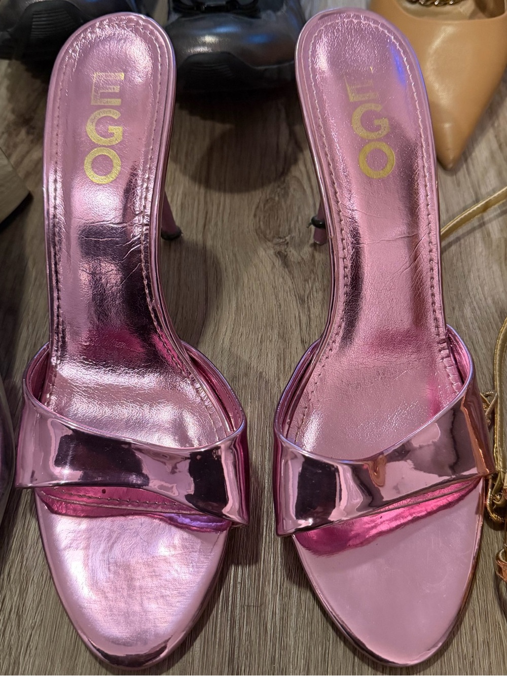 EGO Metallic Pink Slide Mules Heels